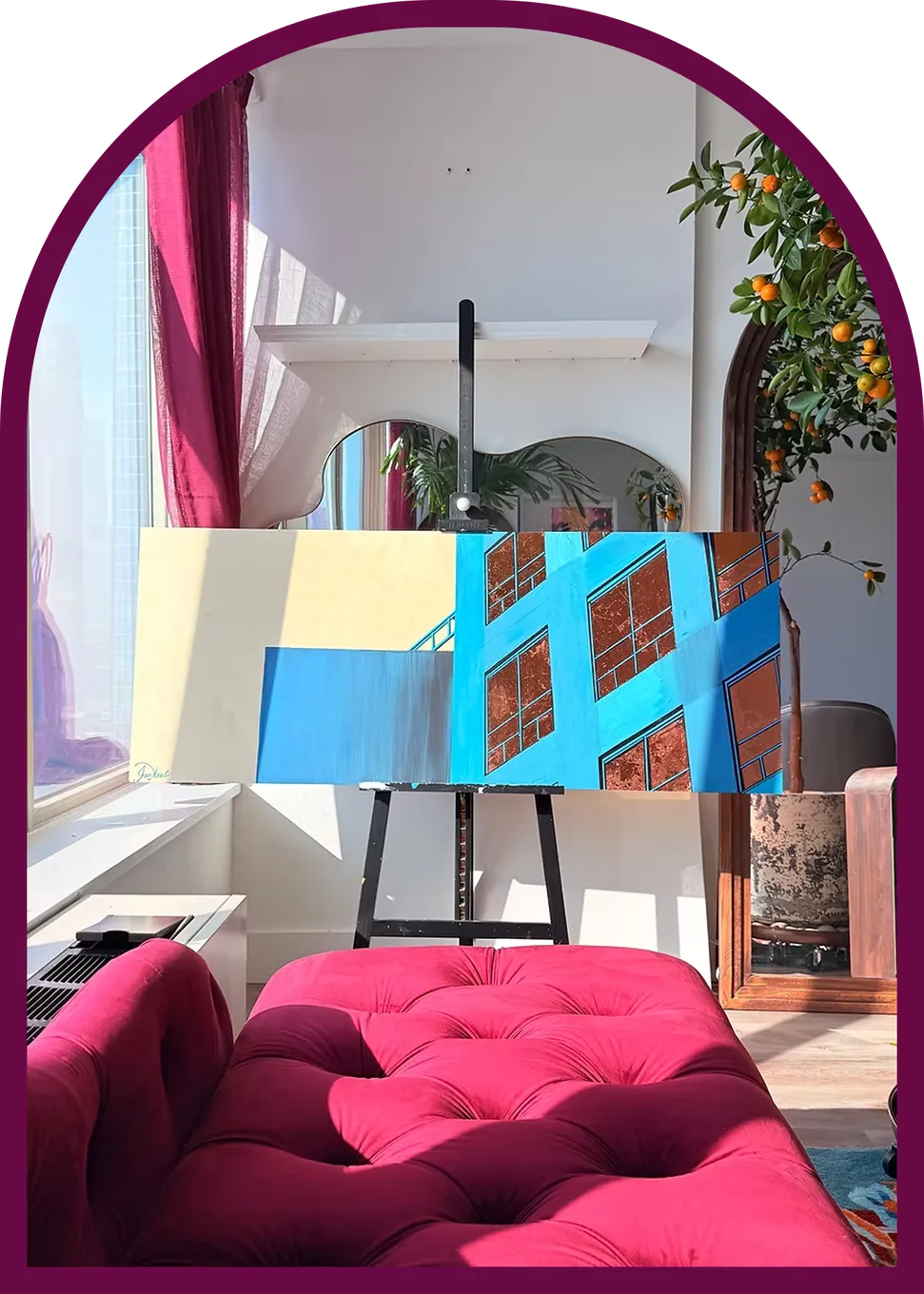 Studio corner framed by a gothic arch