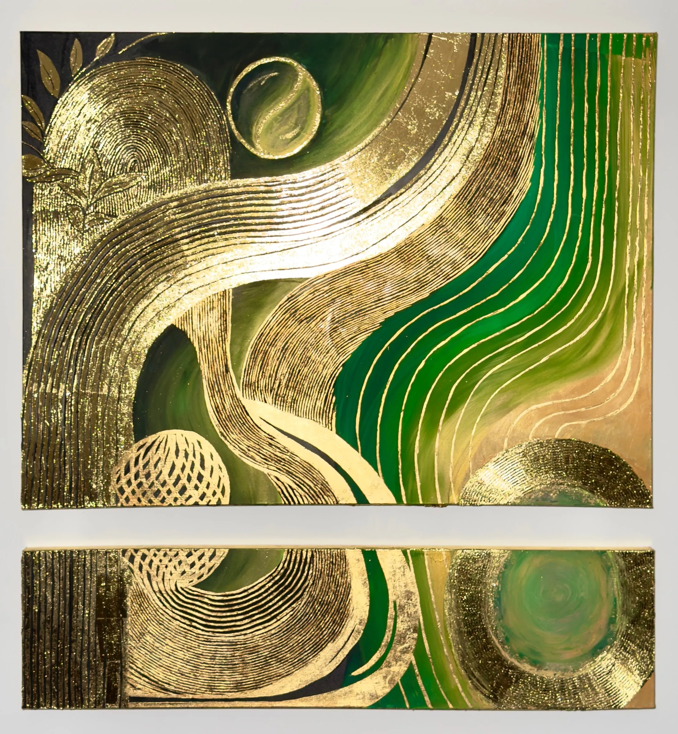 Abstract painting in gold leaf, green and cream with sweeping curved lines