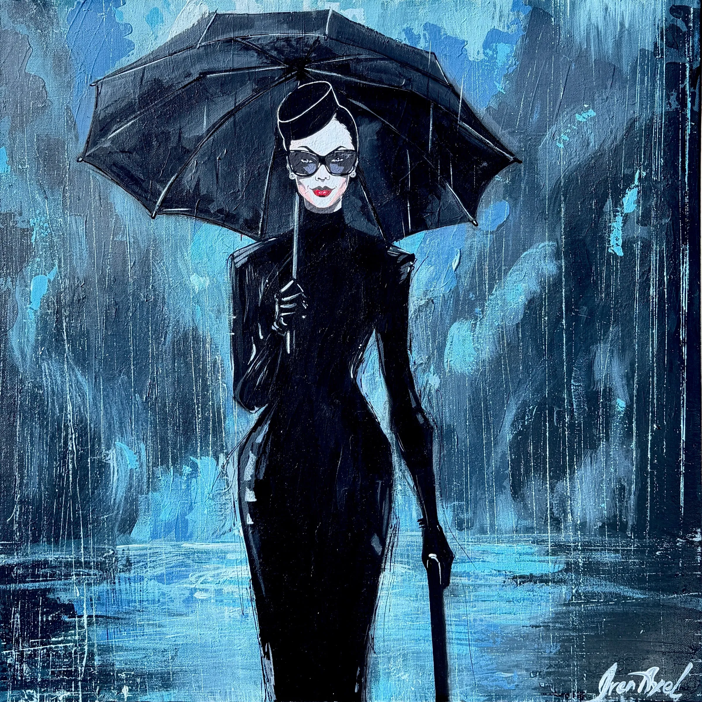 Painting of a woman in black holding an umbrella in blue rain
