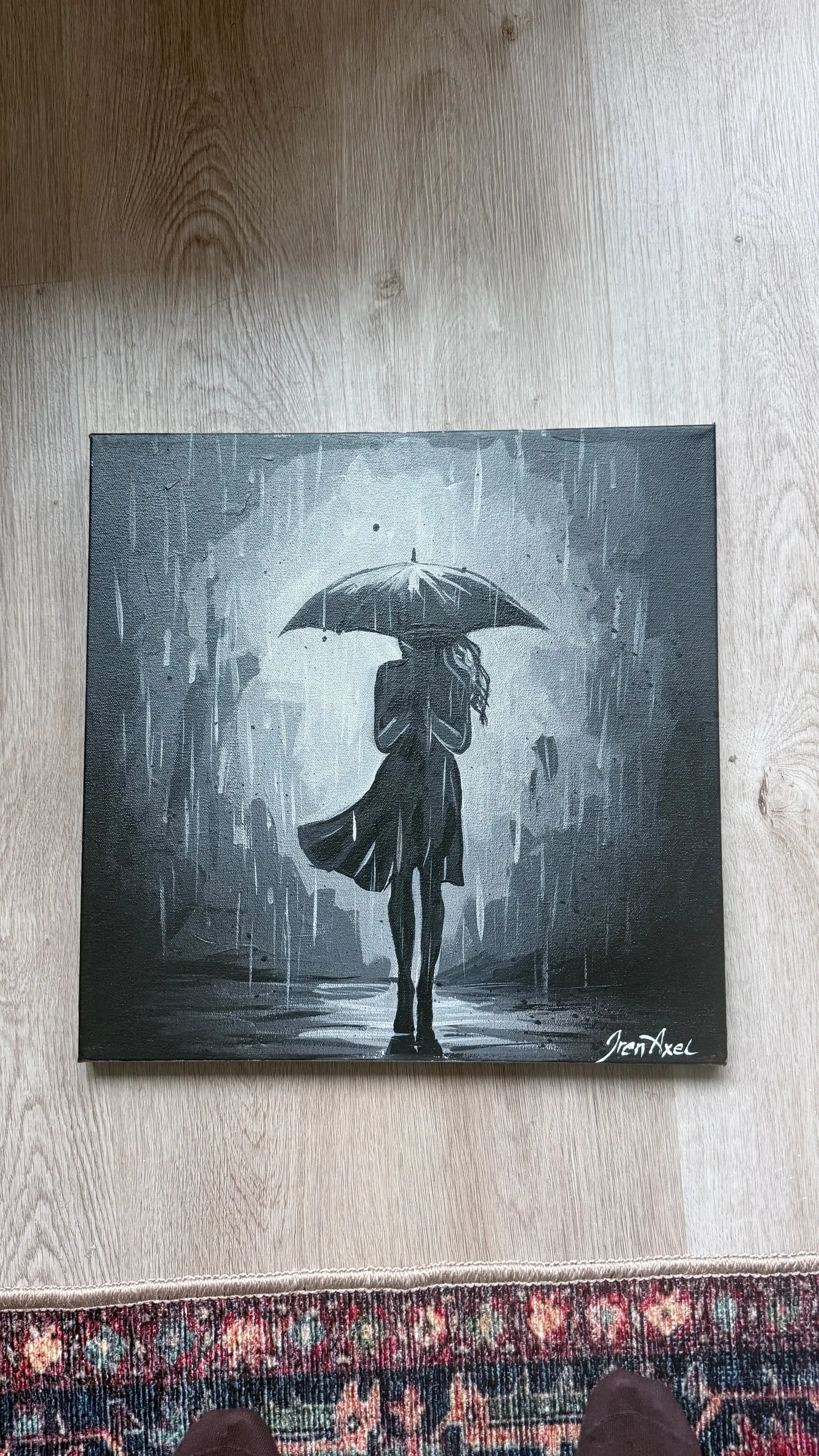 Quiet Storm — monochrome painting of a woman under an umbrella in the rain